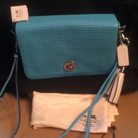 Coach Handbags - Coach turquoise Perforated Crossbody+dust bag NWT